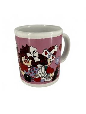 Vintage Raggedy Ann & Andy Valentine Coffee Mug Pink Hearts Cute Collectible Cup